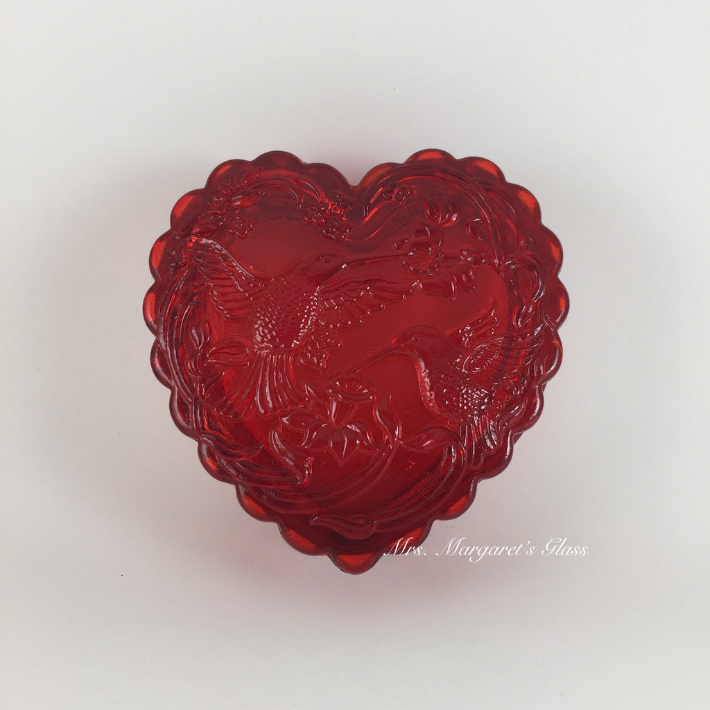 Mosser Glass Red Heart Box Adorned with Hummingbirds and Flowers