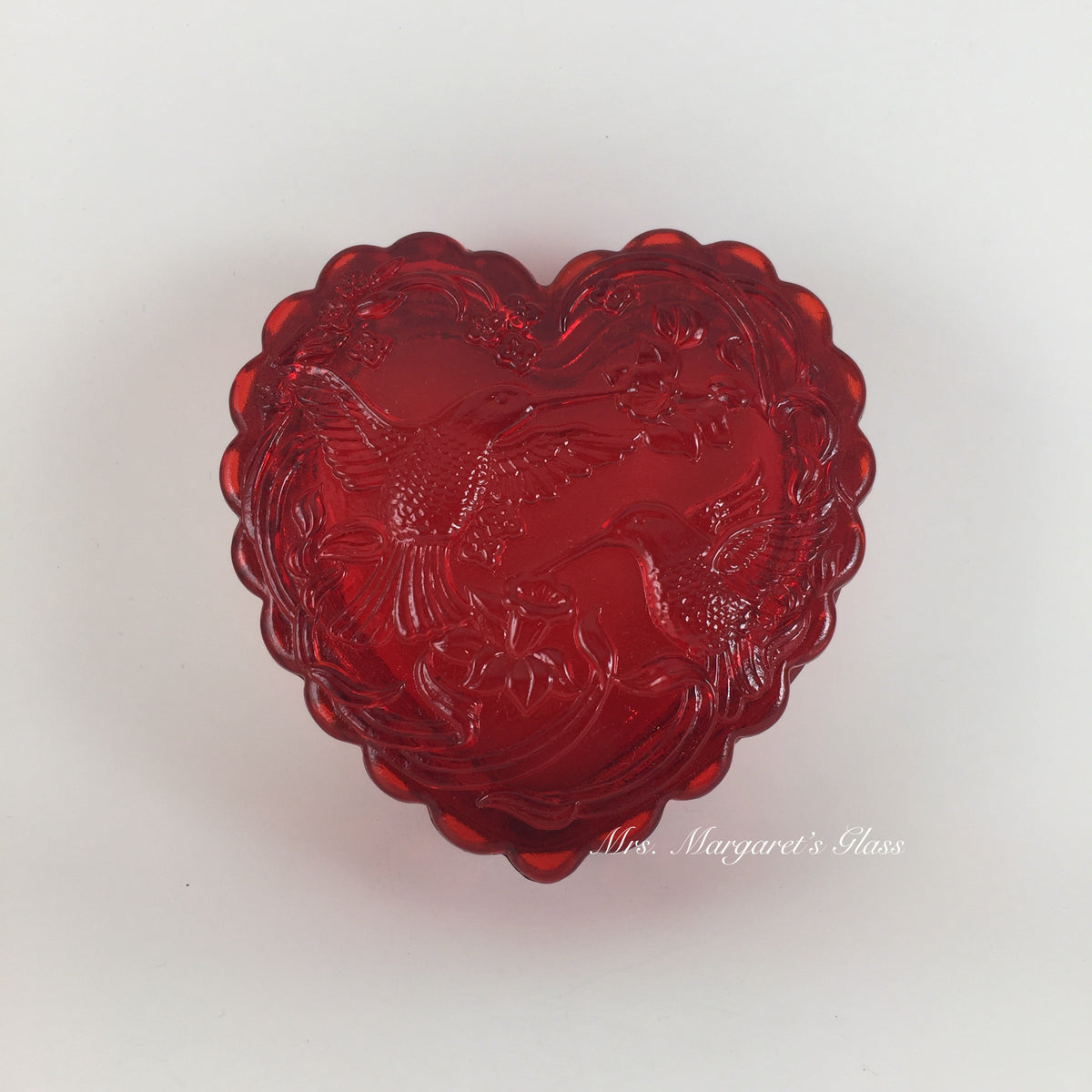 Mosser Glass Red Heart Box Adorned with Hummingbirds and Flowers