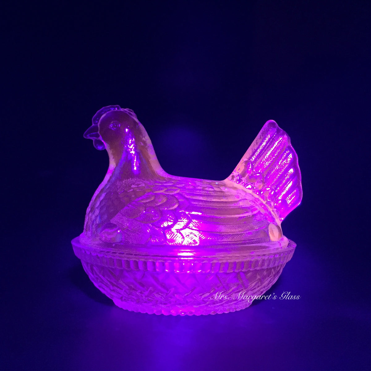 Wilkerson Glass Teal Blue UV Pink Glow Chicken Hen On Nest