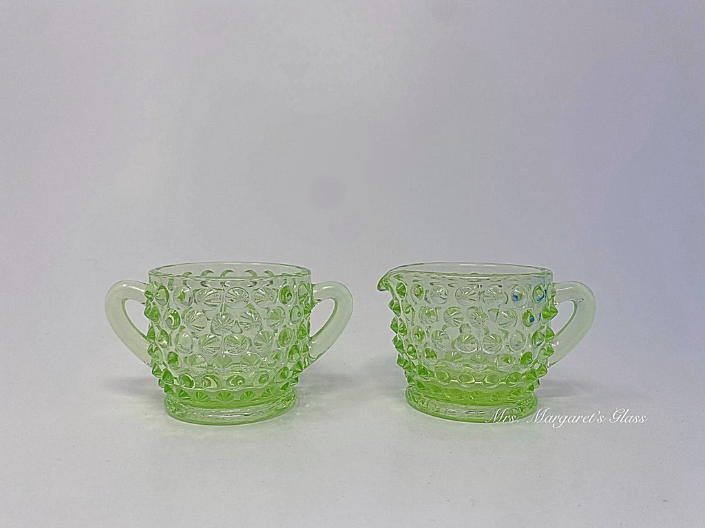 Wilkerson Glass Miniature Lime Green Uranium Hobnail Sugar & Creamer Set