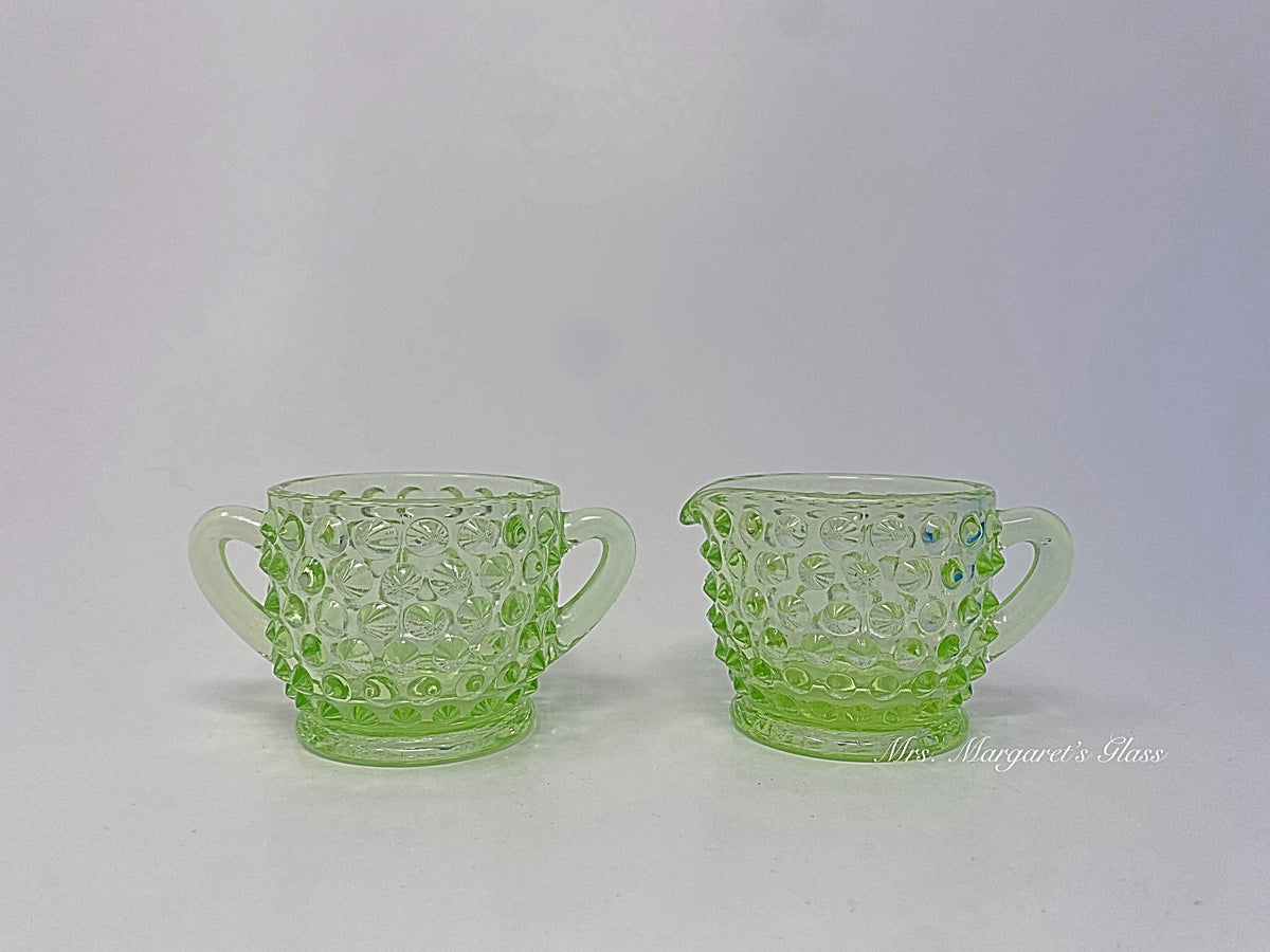 Wilkerson Glass Miniature Lime Green Uranium Hobnail Sugar & Creamer Set