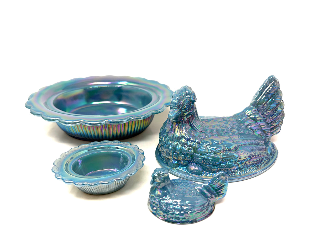 Mosser Glass Georgia Blue Carnival Mother Hen & Baby Hen On Nest Duo