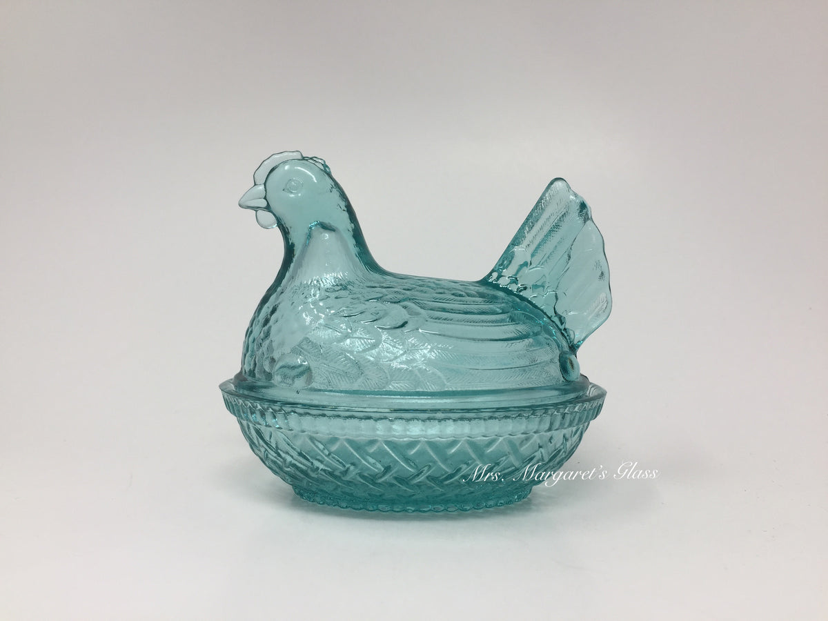 Wilkerson Glass Teal Blue UV Pink Glow Chicken Hen On Nest
