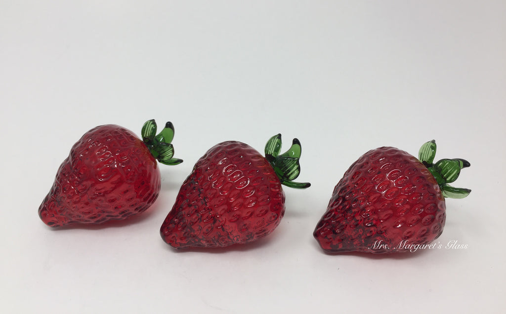 Set of Three. Ruby Red Blown Glass Strawberries.