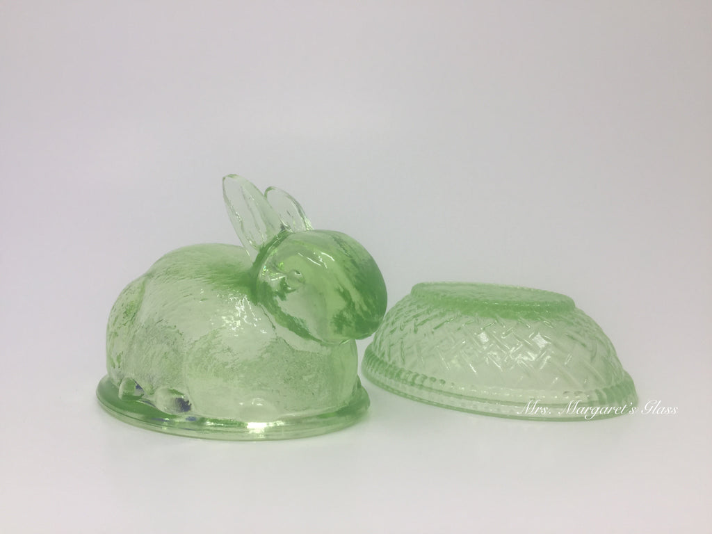 Wilkerson Glass Lime Green Uranium Glow Bunny Rabbit On Basket Nest