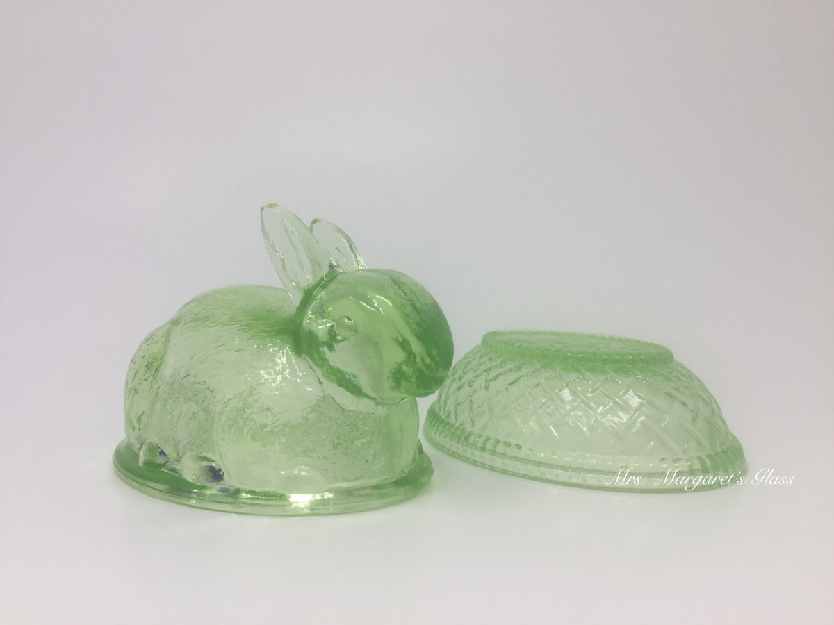 Wilkerson Glass Lime Green Uranium Glow Bunny Rabbit On Basket Nest