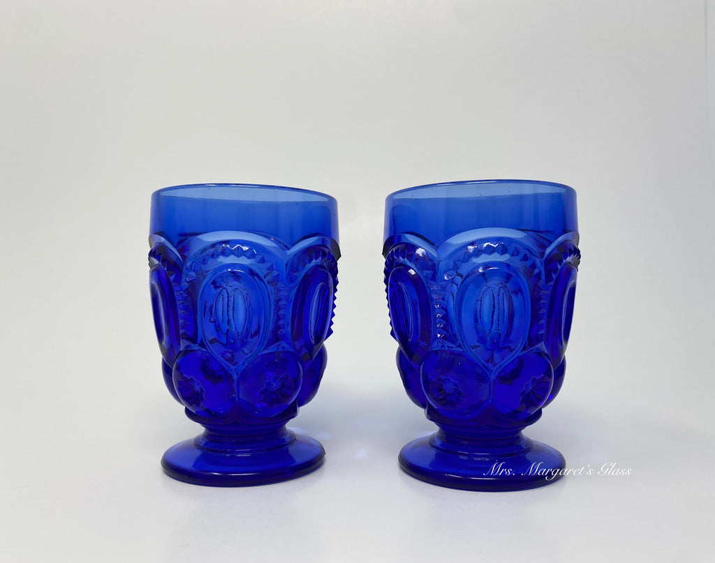 Set of Two. Weishar Glass Cobalt Blue Moon & Stars Footed Juice Tumblers.