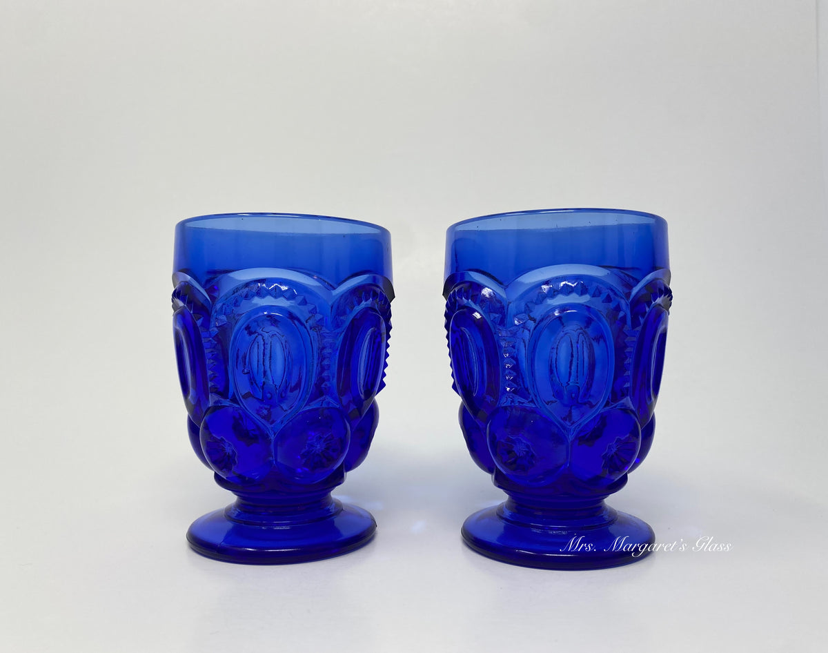 Set of Two. Weishar Glass Cobalt Blue Moon & Stars Footed Juice Tumblers.