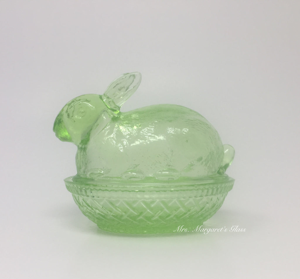 Wilkerson Glass Lime Green Uranium Glow Bunny Rabbit On Basket Nest