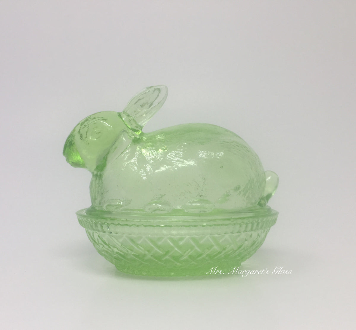 Wilkerson Glass Lime Green Uranium Glow Bunny Rabbit On Basket Nest