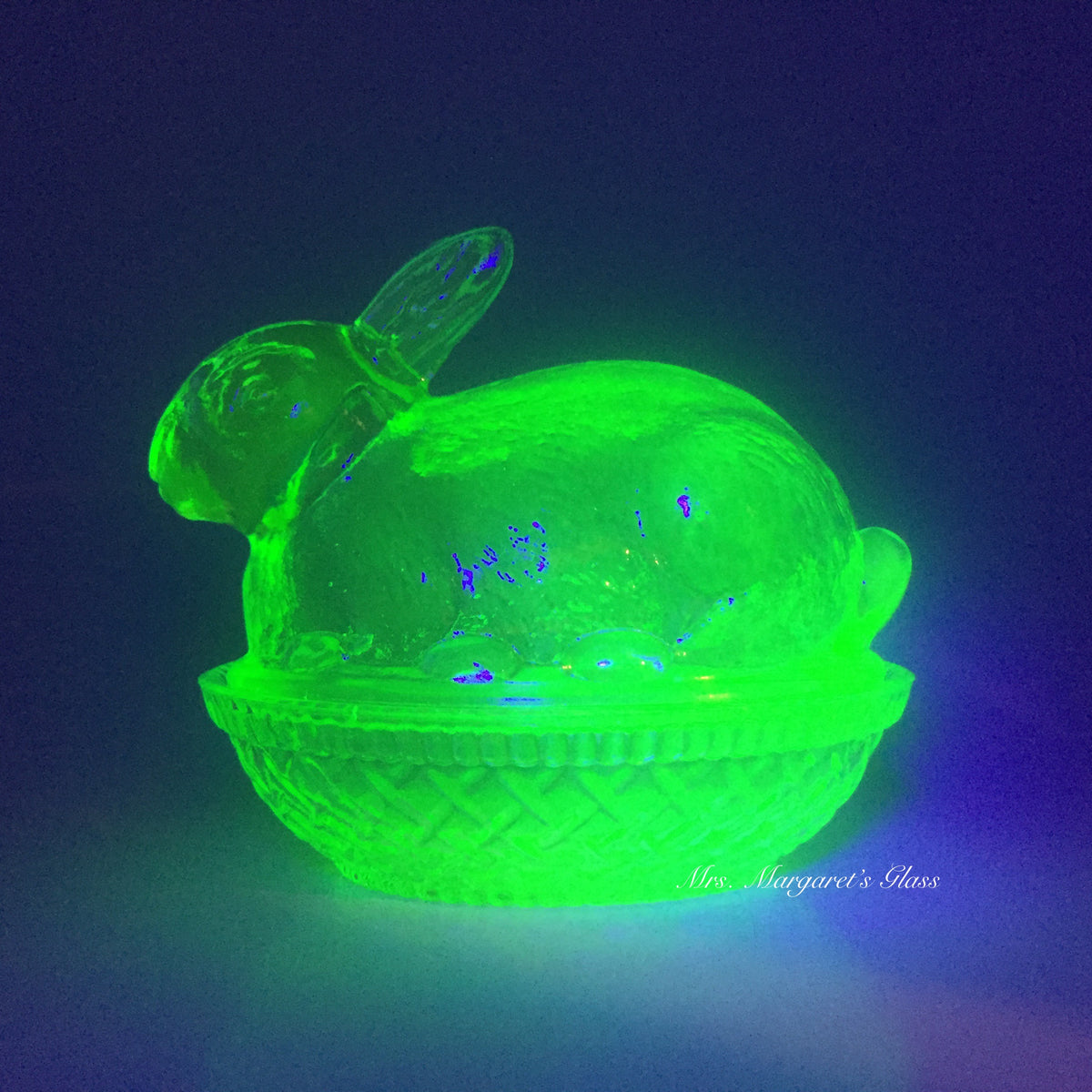 Wilkerson Glass Lime Green Uranium Glow Bunny Rabbit On Basket Nest