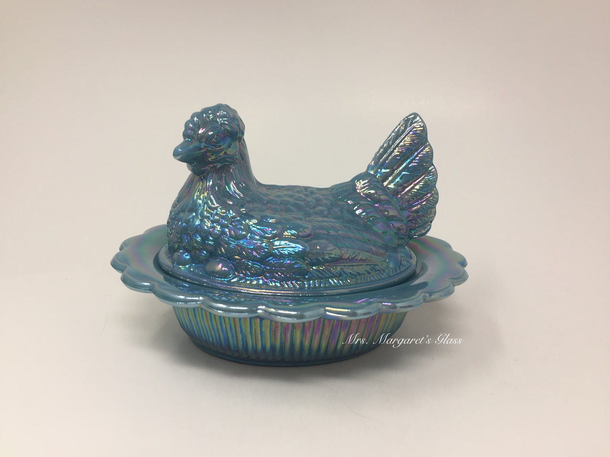 Mosser Glass Georgia Blue Carnival Iridescent Hen on Nest