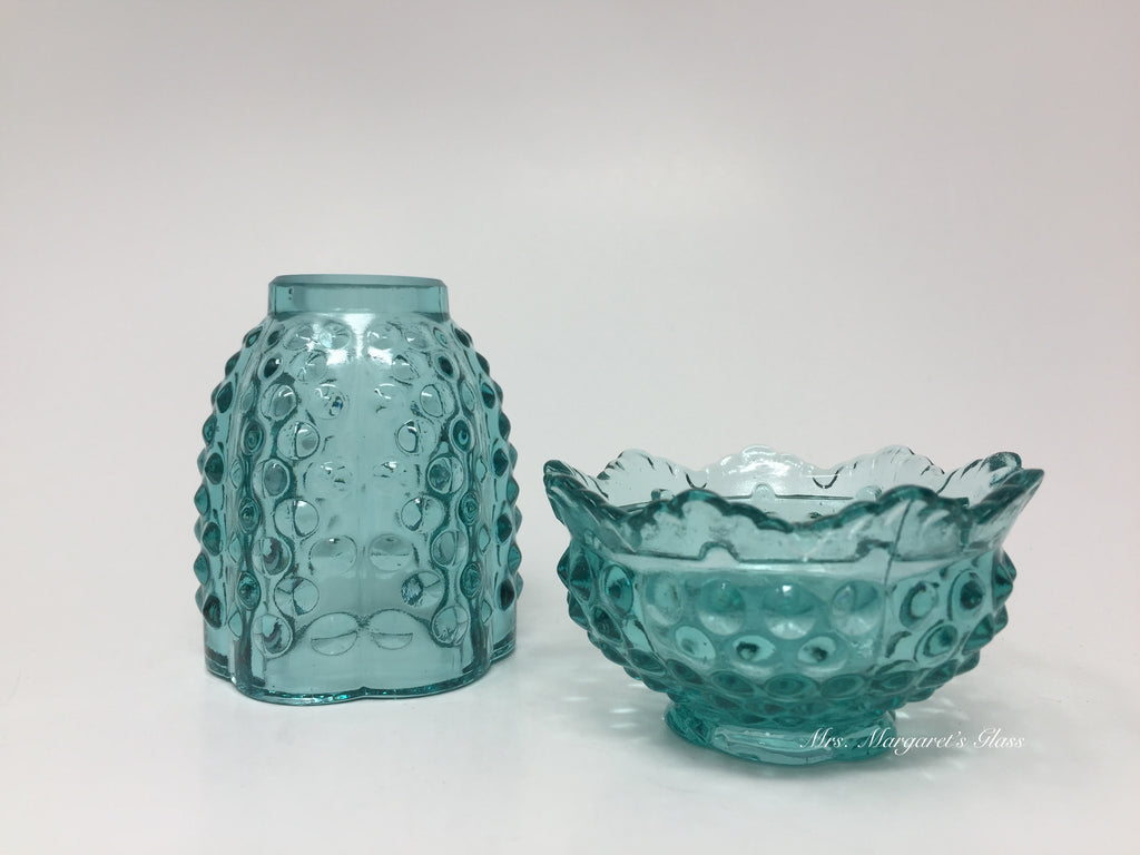 Wilkerson Glass Teal Blue UV Pink Glow Hobnail Fairy Lamp Lite/ Candle Votive Holder