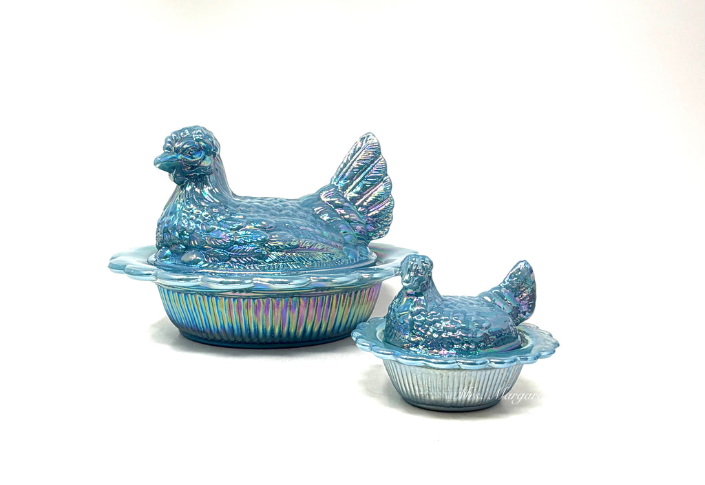 Mosser Glass Georgia Blue Carnival Mother Hen & Baby Hen On Nest Duo