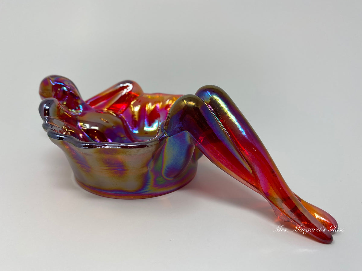 Mosser Glass Ruby Red Carnival Iridescent Nude Bathing Beauty Lady Soap/ Trinket Dish