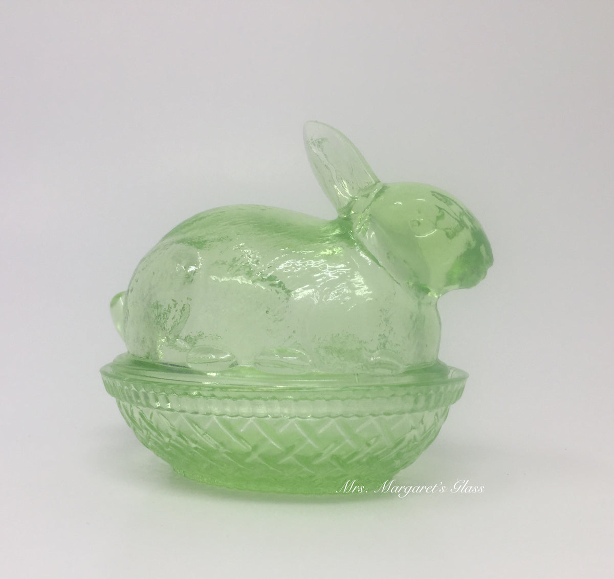 Wilkerson Glass Lime Green Uranium Glow Bunny Rabbit On Basket Nest