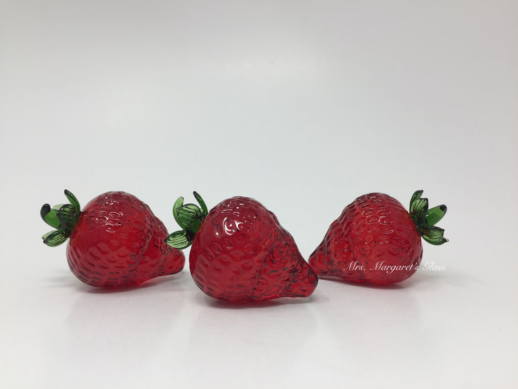 Set of Three. Ruby Red Blown Glass Strawberries.