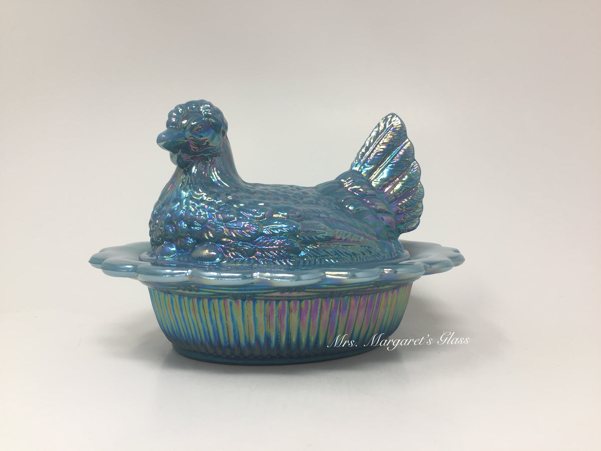 Mosser Glass Georgia Blue Carnival Iridescent Hen on Nest