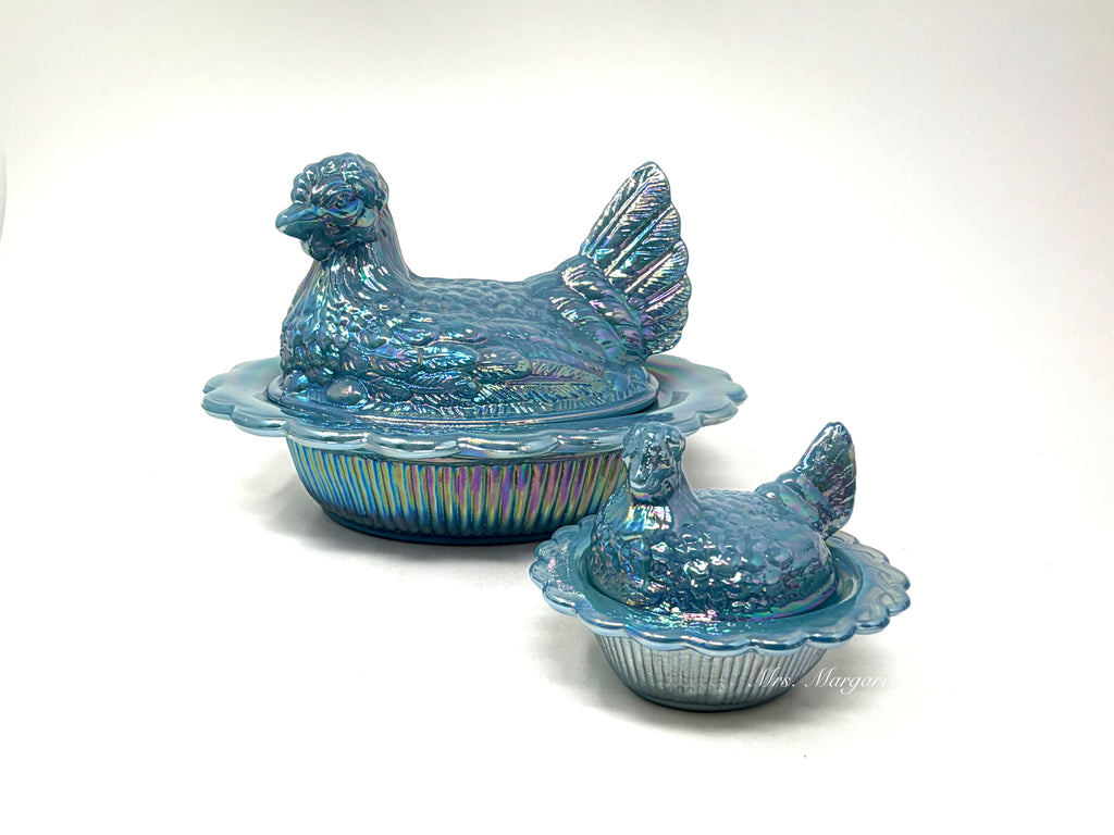 Mosser Glass Georgia Blue Carnival Mother Hen & Baby Hen On Nest Duo