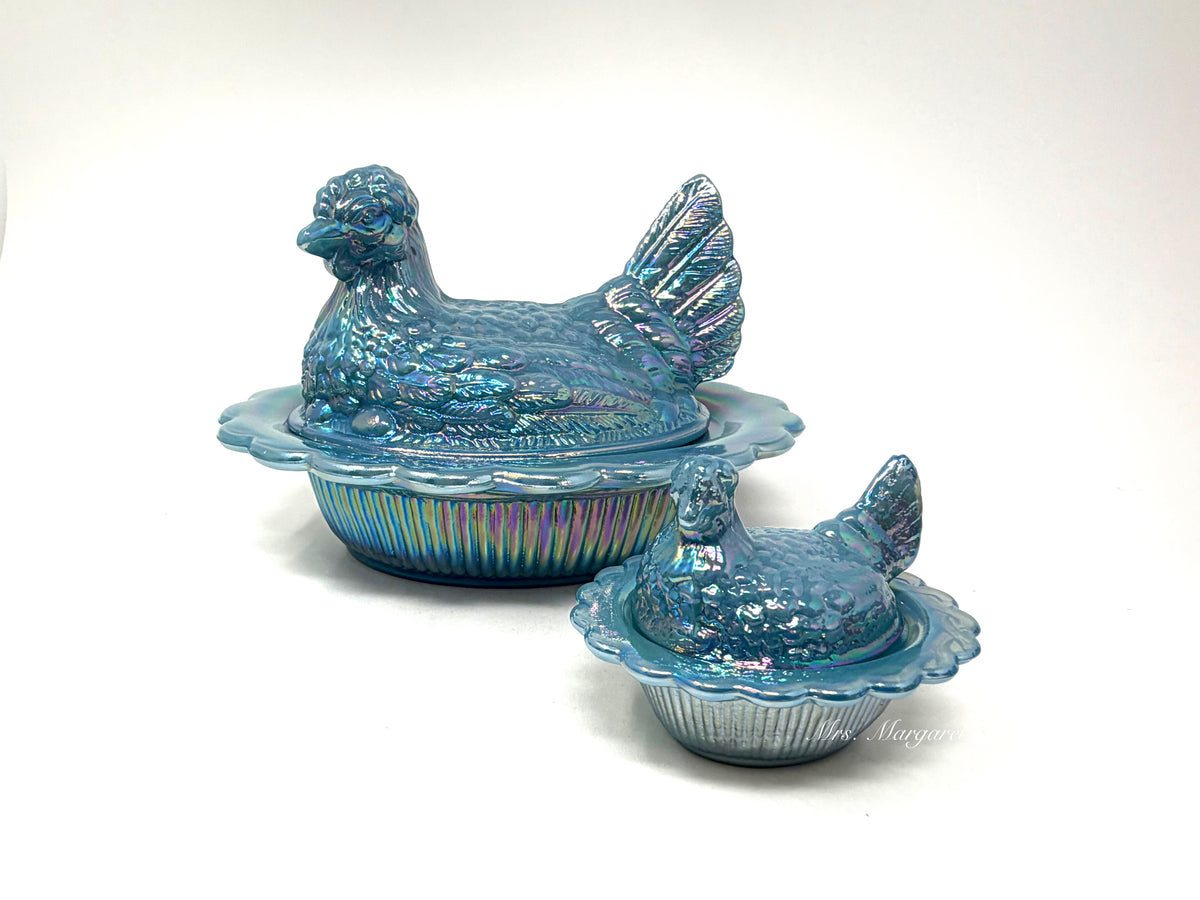 Mosser Glass Georgia Blue Carnival Mother Hen & Baby Hen On Nest Duo