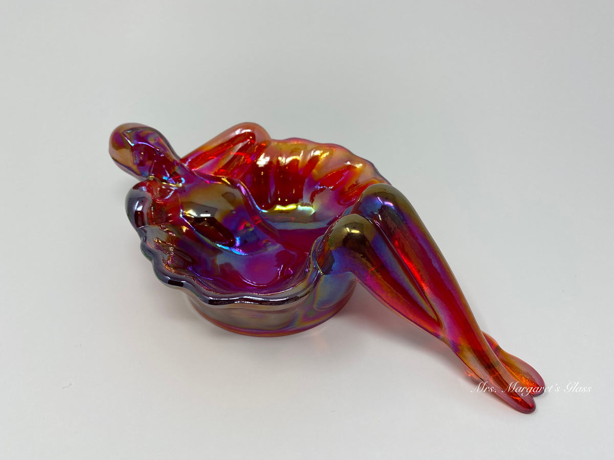 Mosser Glass Ruby Red Carnival Iridescent Nude Bathing Beauty Lady Soap/ Trinket Dish