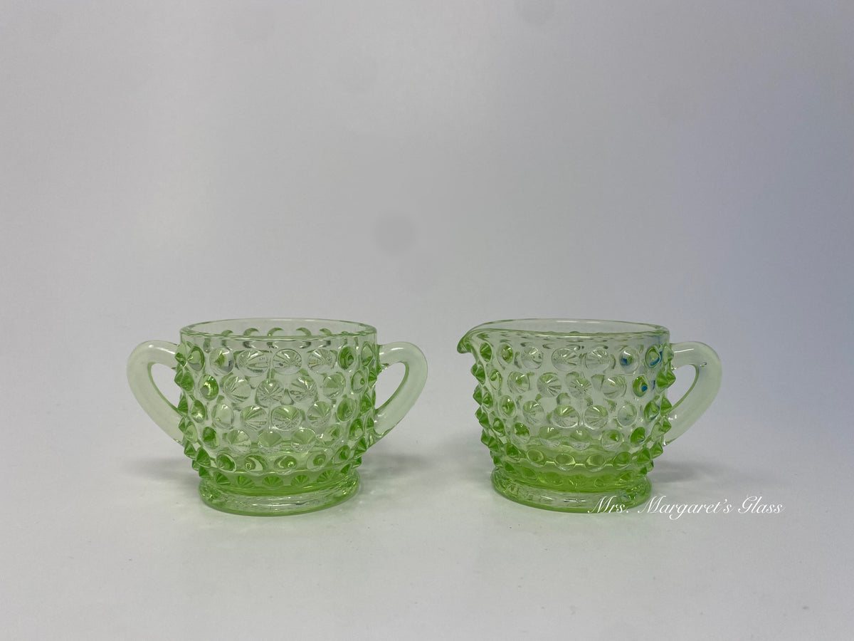 Wilkerson Glass Miniature Lime Green Uranium Hobnail Sugar & Creamer Set