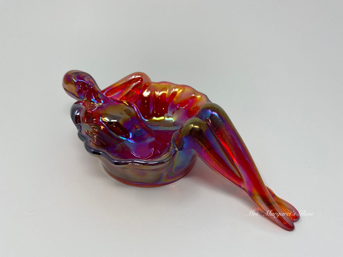 Mosser Glass Ruby Red Carnival Iridescent Nude Bathing Beauty Lady Soap/ Trinket Dish