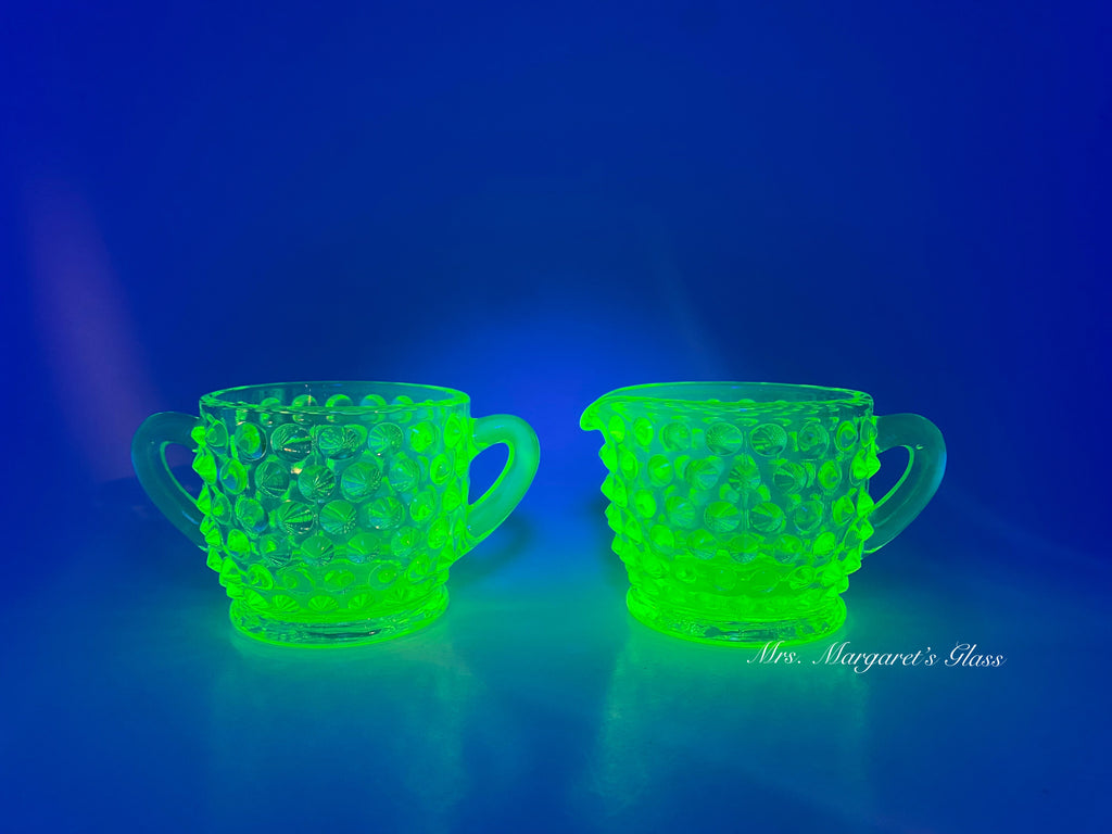 Wilkerson Glass Miniature Lime Green Uranium Hobnail Sugar & Creamer Set