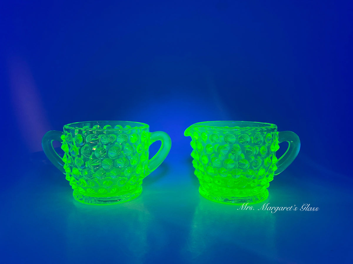 Wilkerson Glass Miniature Lime Green Uranium Hobnail Sugar & Creamer Set