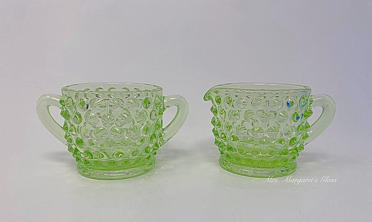 Wilkerson Glass Miniature Lime Green Uranium Hobnail Sugar & Creamer Set