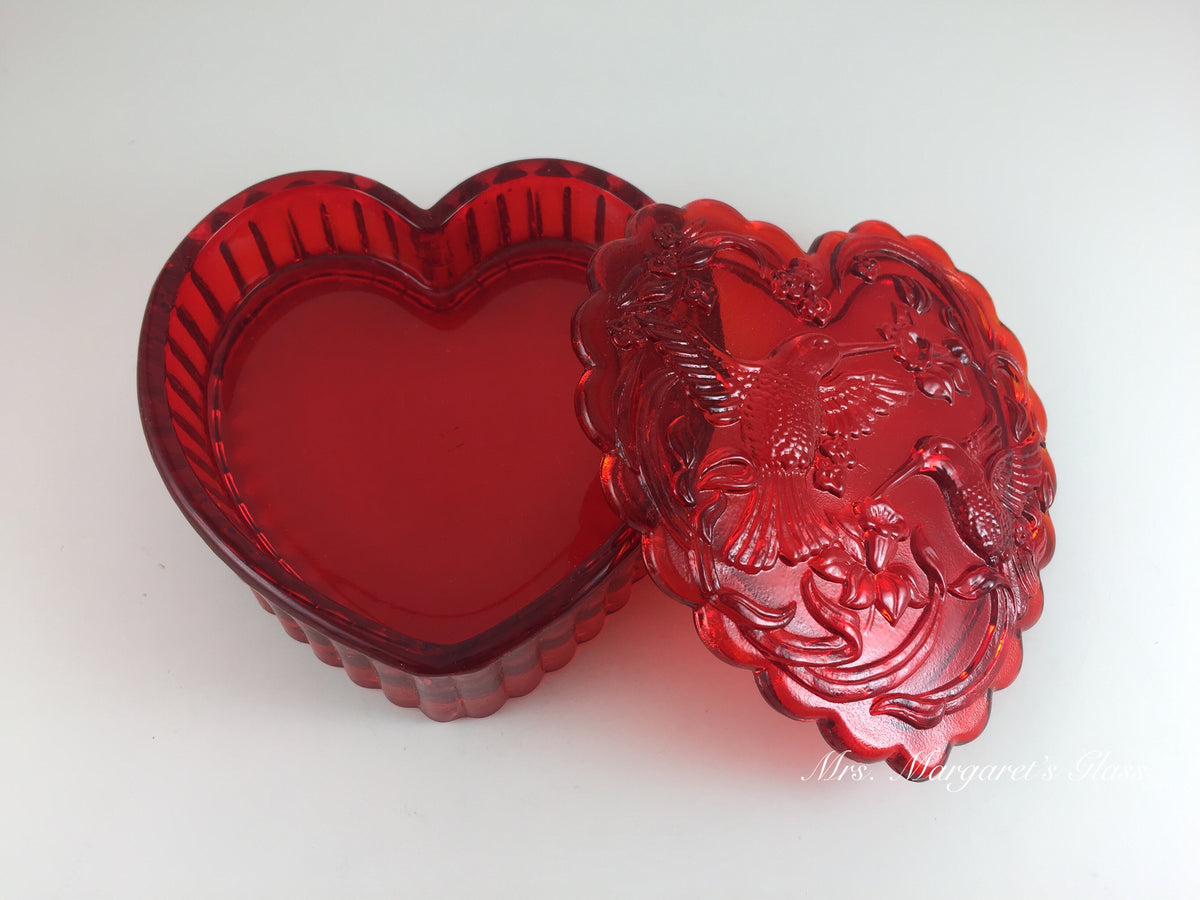 Mosser Glass Red Heart Box Adorned with Hummingbirds and Flowers