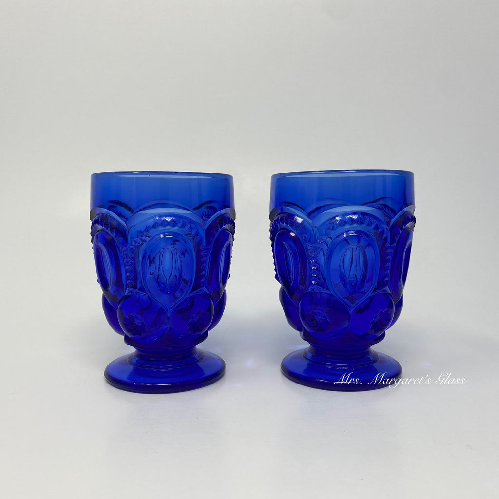 Set of Two. Weishar Glass Cobalt Blue Moon & Stars Footed Juice Tumblers.