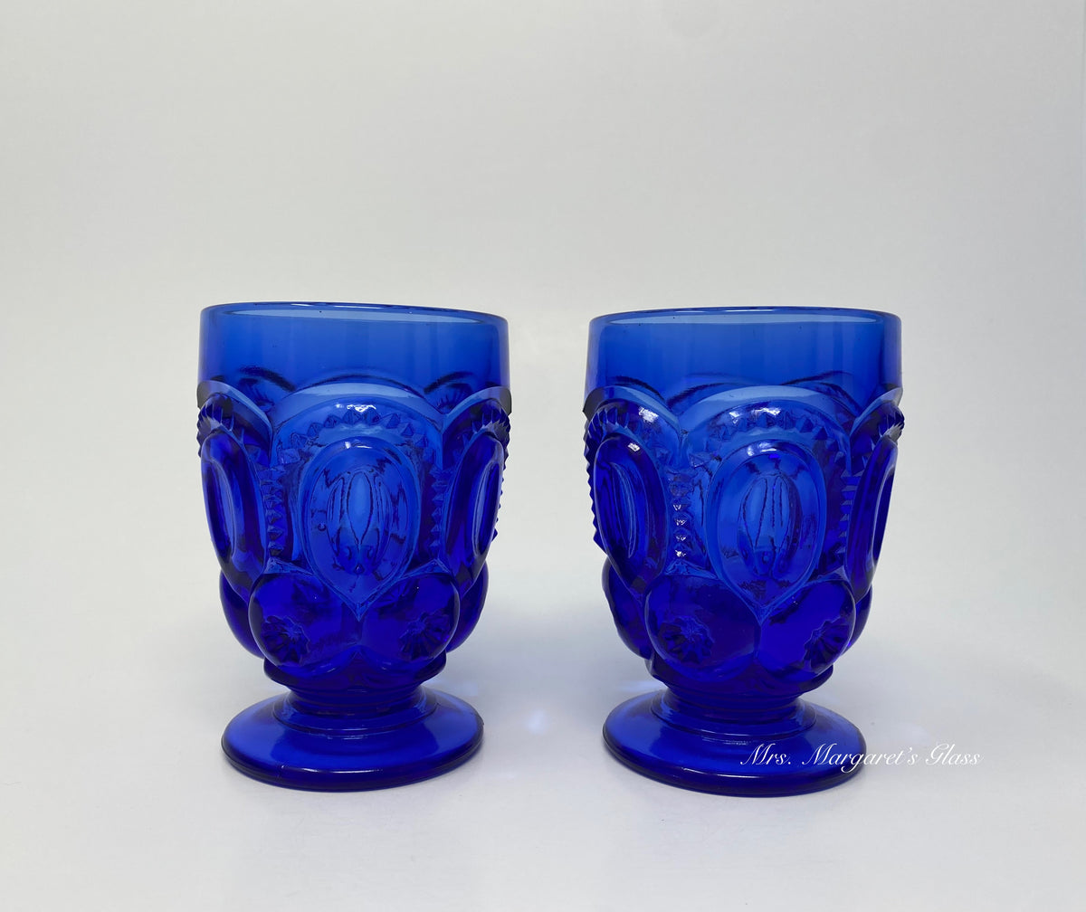 Set of Two. Weishar Glass Cobalt Blue Moon & Stars Footed Juice Tumblers.