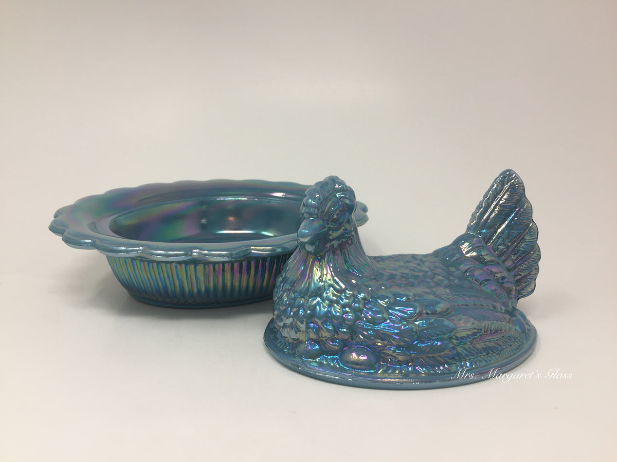 Mosser Glass Georgia Blue Carnival Iridescent Hen on Nest